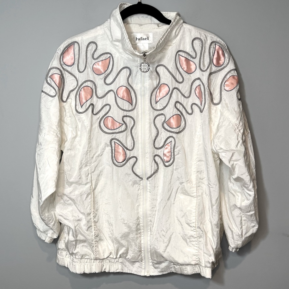 Rafael 90s White Zip Up Windbreaker w/ Embroidered Abstract Design